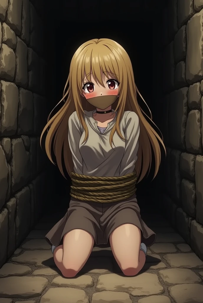 ((blonde long hair brown tape around her mouth wrapped straight sad and red cheeks tied with rope behind her hand tied around her  tied around her whole body kidnapped anime girl sitting on her two knees