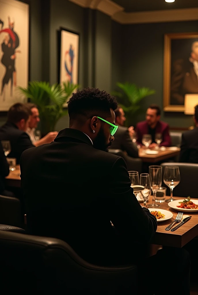 Away from the camera
a rapper with a black jacket and green glasses having dinner at a restaurant alone