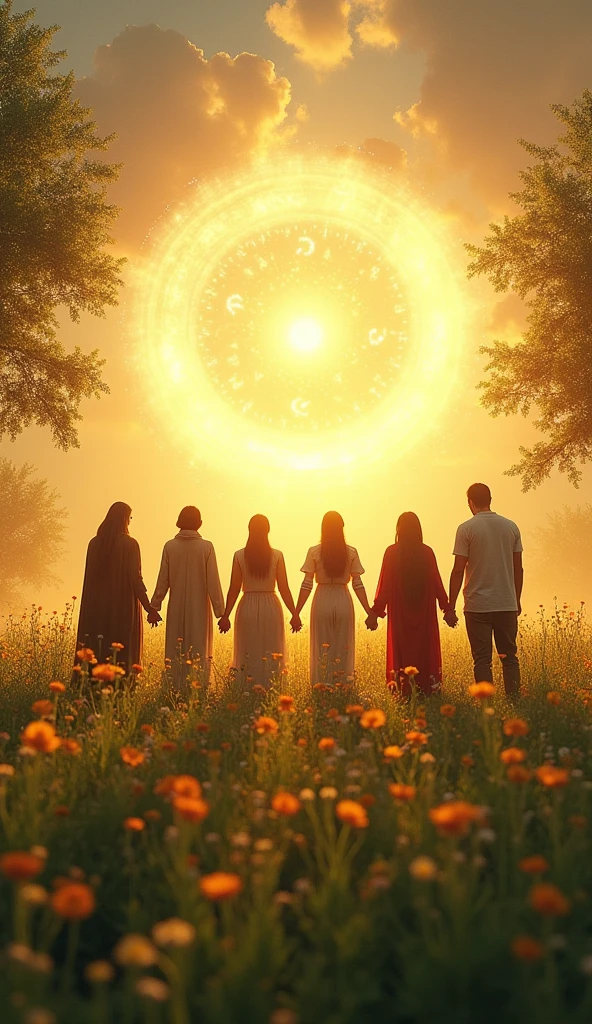 A modern scene with people from various religions holding hands in a circle, surrounded by a glowing light that represents unity. Above them, faint images of Akbar and symbols of 'Din-i Ilahi' should be visible, symbolizing the lasting impact of his vision. The setting could be in a peaceful, natural environment, like a meadow or park, to emphasize harmony.
