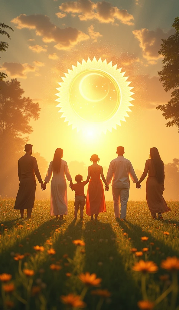 A modern scene with people from various religions holding hands in a circle, surrounded by a glowing light that represents unity. Above them, faint images of Akbar and symbols of 'Din-i Ilahi' should be visible, symbolizing the lasting impact of his vision. The setting could be in a peaceful, natural environment, like a meadow or park, to emphasize harmony.
