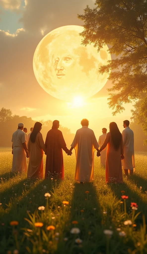 A modern scene with people from various religions holding hands in a circle, surrounded by a glowing light that represents unity. Above them, faint images of Akbar and symbols of 'Din-i Ilahi' should be visible, symbolizing the lasting impact of his vision. The setting could be in a peaceful, natural environment, like a meadow or park, to emphasize harmony.