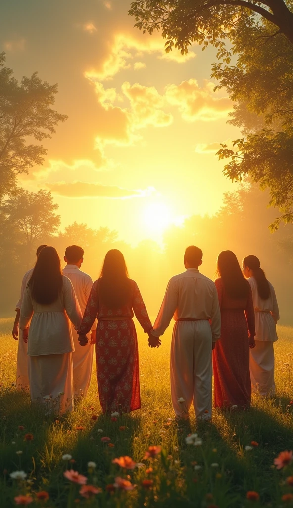 A modern scene with people from various religions holding hands in a circle, surrounded by a glowing light that represents unity. Above them, faint images of Akbar and symbols of 'Din-i Ilahi' should be visible, symbolizing the lasting impact of his vision. The setting could be in a peaceful, natural environment, like a meadow or park, to emphasize harmony.