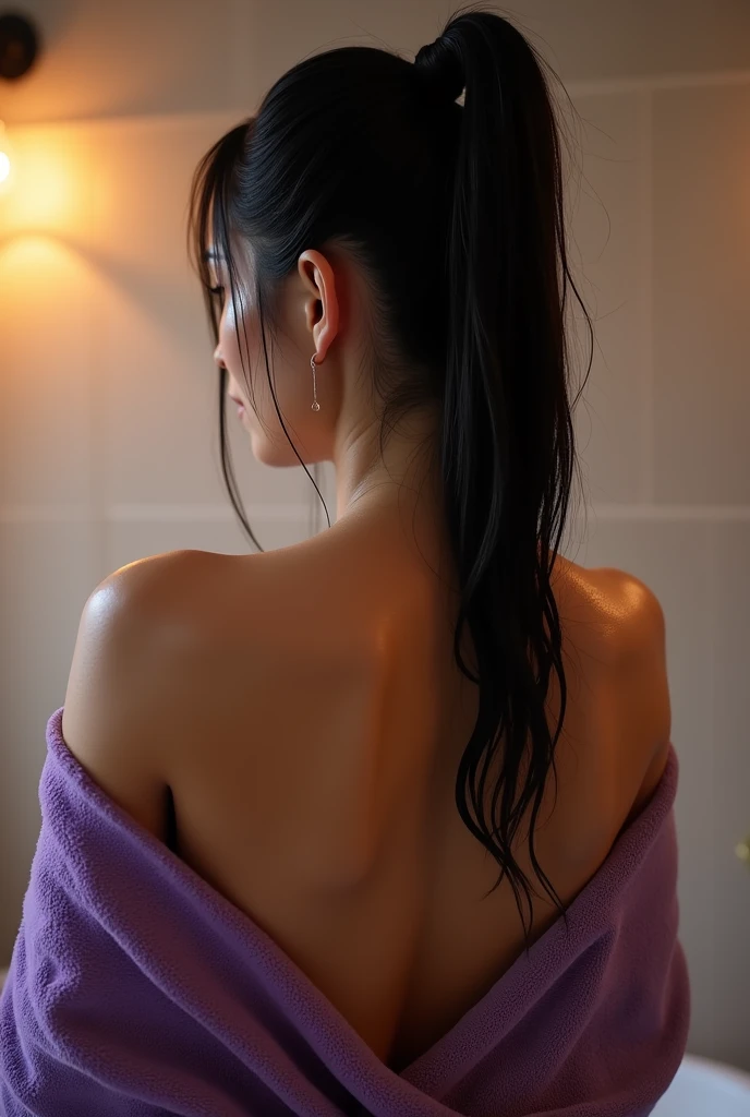 Woman in a revealing purple towel, wet shiny skin, pale skin, black hair, 27 years old asian, high ponytail, view from behind, revealing her wet shiny white back, wet dripping back, 
