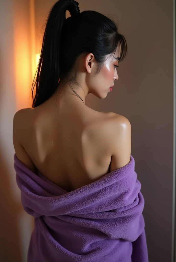 Woman in a revealing purple towel, wet shiny skin, pale skin, black hair, 27 years old asian, high ponytail, view from behind, revealing her wet shiny white back, wet dripping back,