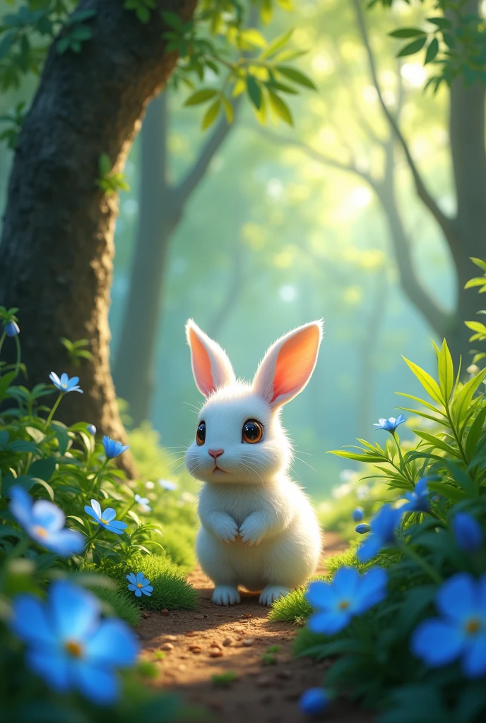 Il était une fois un petit lapin nommé Luna. Luna vivait dans une belle forêt avec beaucoup d’autres animaux. Tous les matins, Luna aimait se promener et découvrir de nouvelles choses. Un jour, en sautillant, Luna trouva une toute  fleur bleue qui n’avait jamais été vue dans la forêt. La fleur avait l’air triste car elle était toute seule.