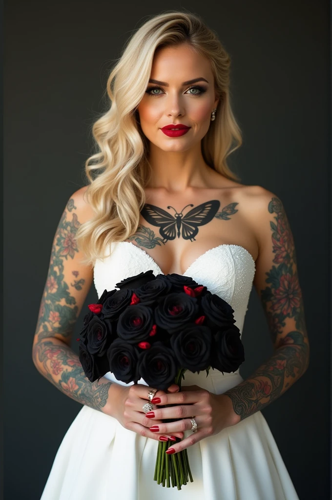 a one woman, Alta loira, with strong makeup red lipstick, wearing a wedding dress, with cleavage showing all her tattoos, a butterfly tattoo on the chest, on the feet red high heels, She wore a white dress and had a bouquet of black roses with red details on her hands. 