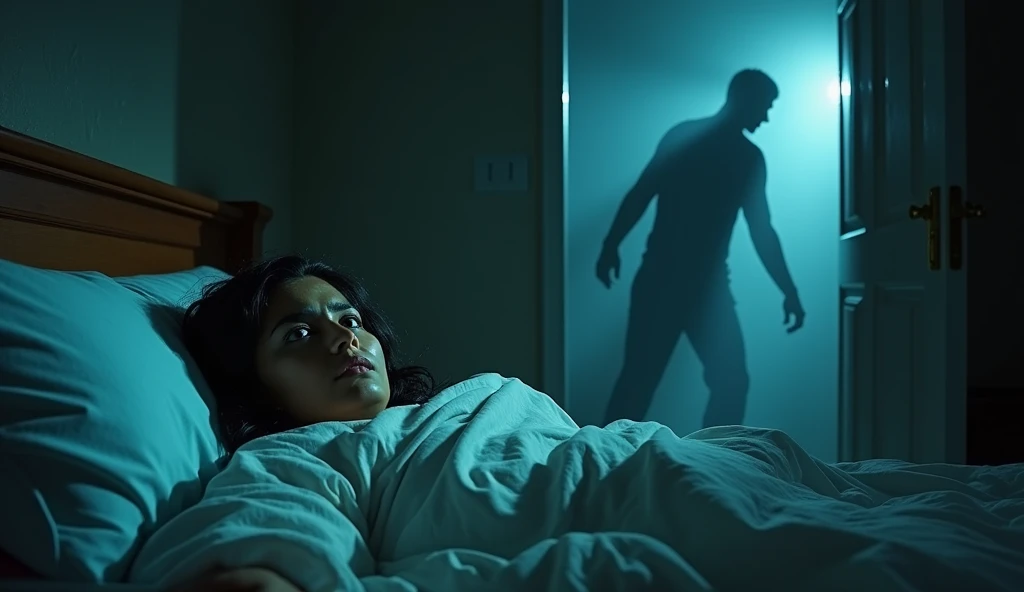 Character: Sunaina, mid-30s, sweating and tossing in bed, her face contorted in fear. The dream version of Kittu, with a sinister smile, is standing at the open door, beckoning her.
Background: A surreal, nightmarish version of the flat, with distorted shadows and unnatural light. The bed seems to float in a void, and the walls appear to close in on Sunaina. The atmosphere is overwhelmingly oppressive.