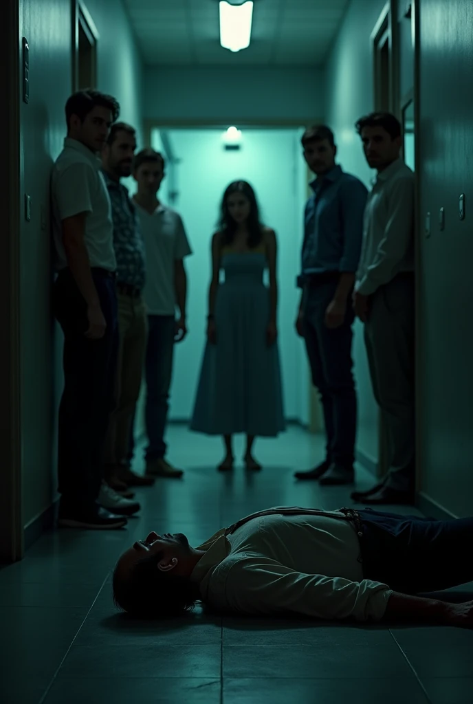 (photorealism:1.2 Dark corridor, light at the end. In the center are six people, three women and three men. The dead body of a 50-year-old man is lying on the floor, only the head and a bit of the body are visible. It is important that there are 6 people in the middle and a dead man in the foreground. One of the girls must be wearing a dress. IMPORTANT: There are a total of 7 people in the composition, one dead body and 6 people standing over the dead body