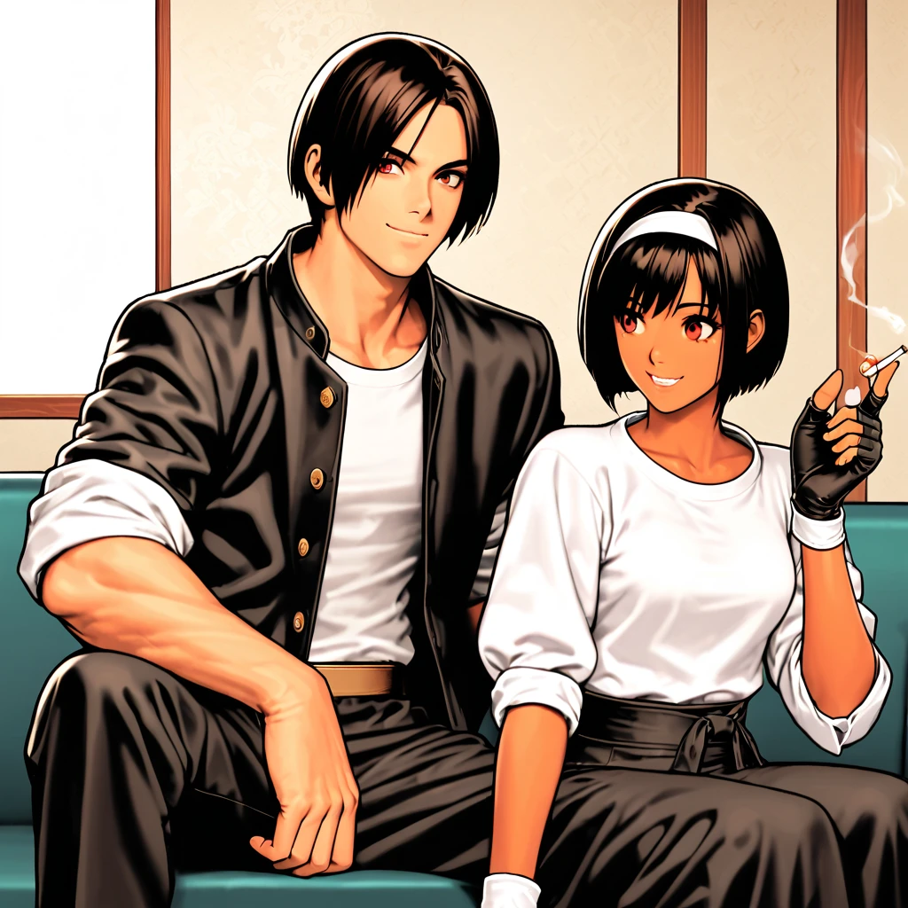 single,woman,Shortcuts,Black Hair,Dark Skin,Red eyes,Slightly large chest, ((black jacket with sleeves rolled up)),(Fingerless gloves), White T-shirt, ((White headband)), Black trousers, White shoes, Tea belt, cute, Indoor-oriented, charm, Highest quality, neat face, clear, Dark Eyes, Sitting on the couch, relax, (Smoke a cigarette),Holding a cigarette in your right hand, Beautiful Japan, Smile and laugh. Her eyes are wide open, Her gaze is slightly downwards, And his mouth is half open.,