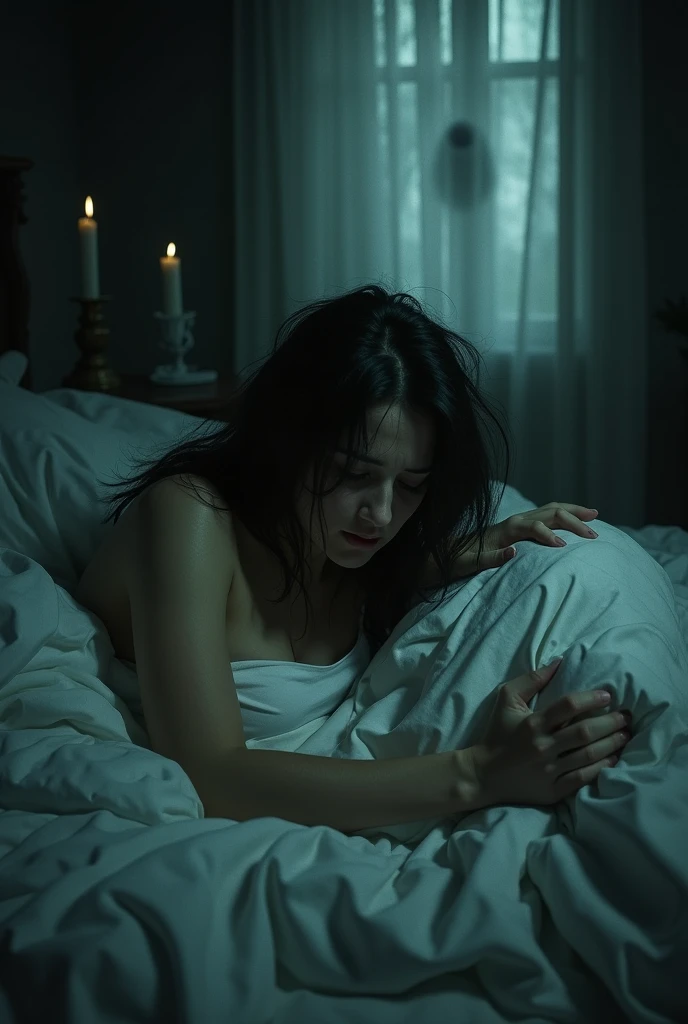 Image of a woman tossing and turning in bed with shadowy, alarming sounds reverberating around her."