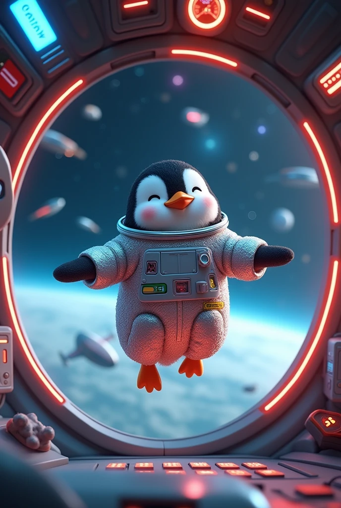 Generate an animated penguin in a spaceship 