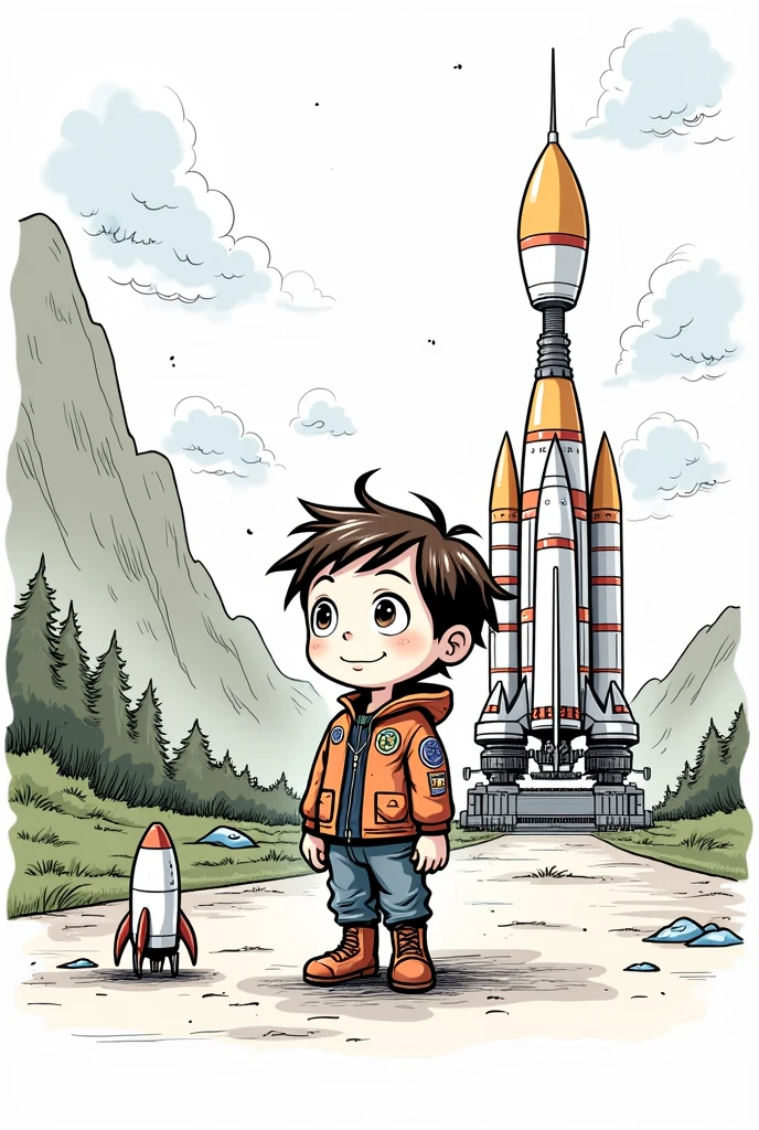 Create an image of this boy in front of a space rocket.
