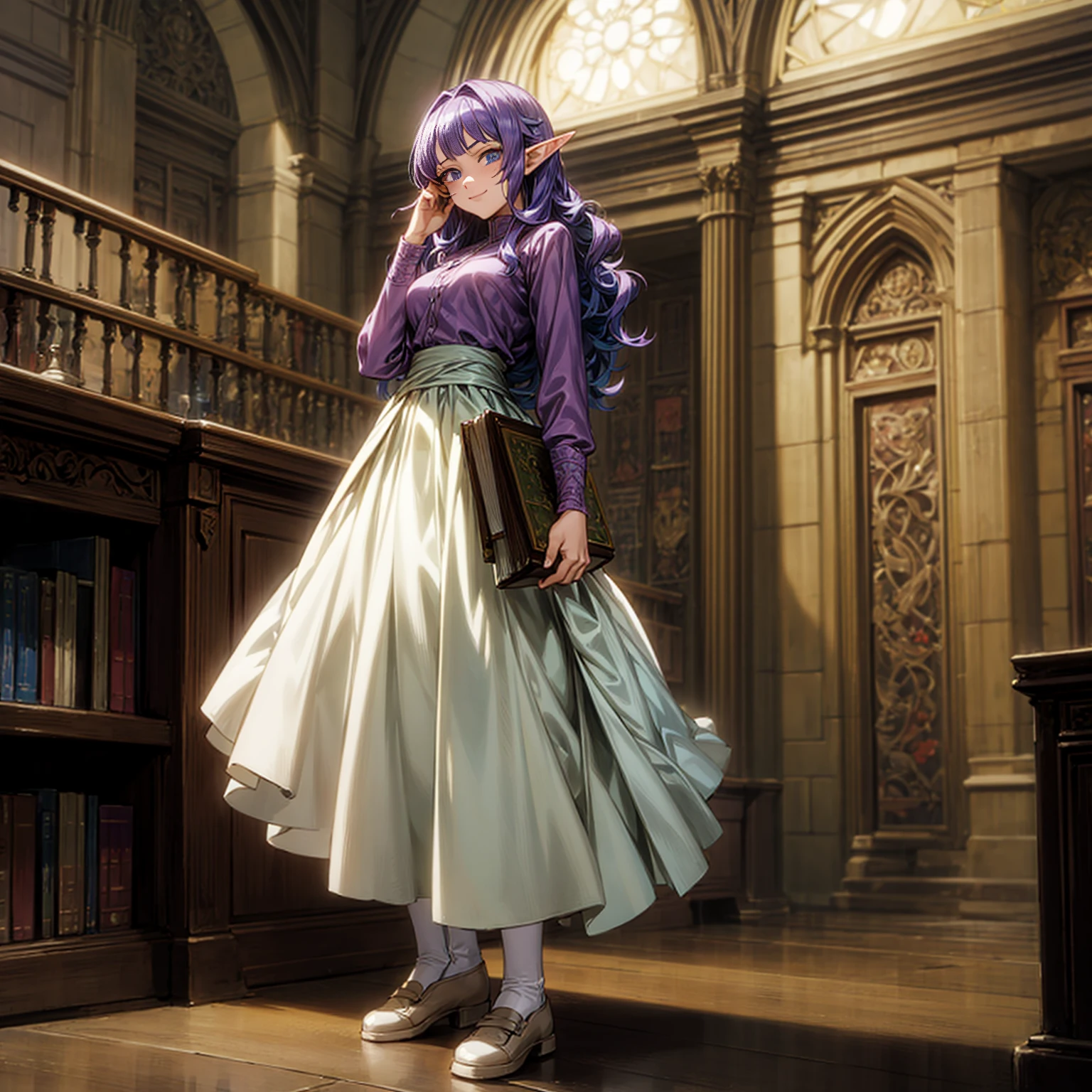 Solo character, full body version, young girl, (elf), blue eyes, purple color hair, long Curly haircut, His hair covered his eyes, long shirt, white long skirt, shoes, indoor, library, town, medieval, detailed background, detailed clothing, detailed hair, standing gesture, smile mouth, book in hand, big breast, (one piece style art, Hunter x Hunter style art), 