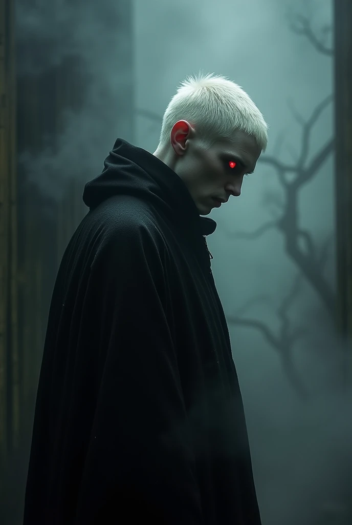 Profile of an albino demon, pale translucent skin, short platinum blonde hair, Red eyes, the sclera of your eye is black, is man, wear black clothes, Leave him dark 