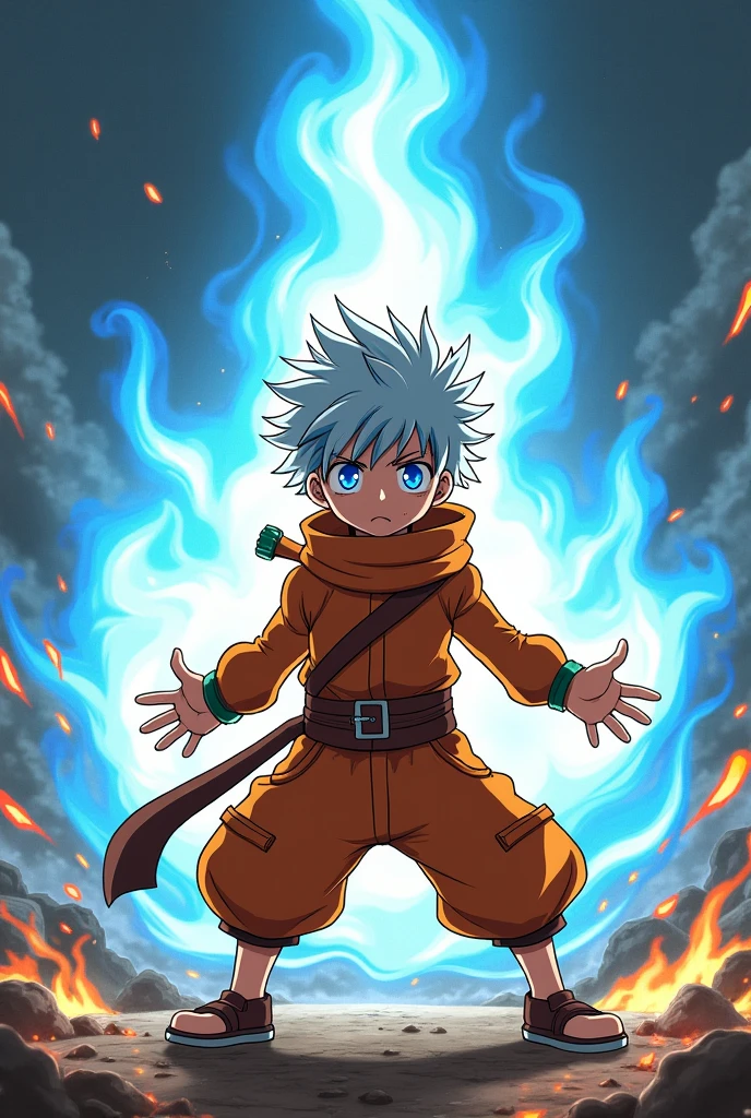 1 boy, short white hair and blue eyes solo, boy, cute and stylish orange outfit, Fairy Tail anime style art, epic fight scene, with the character with blue fire powers, preparing to fight, fight background
