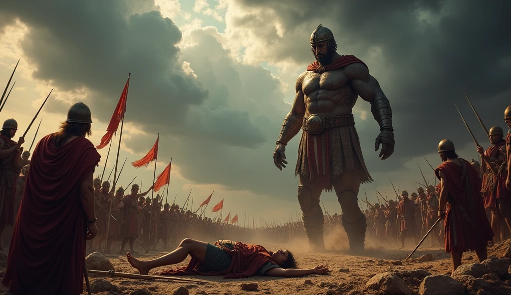 war between Israel and the Philistines, nos tempos biblicos, with dark clouds, and tension, Goliath warrior with 3 meters tall fallen on the ground, all warriors looking at him fallen
