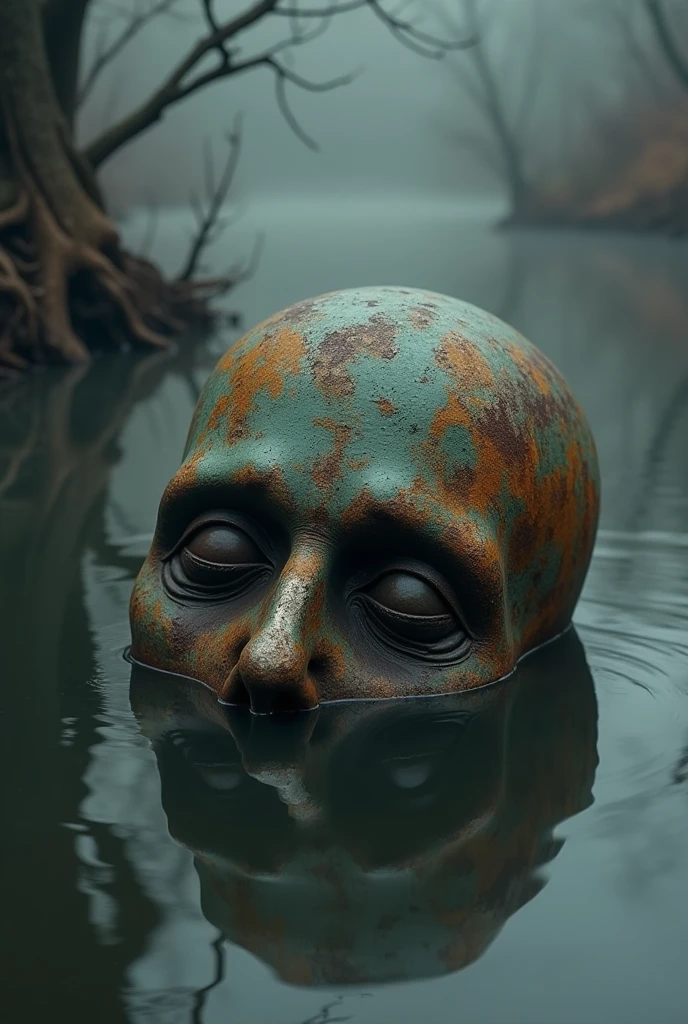 I want an image of a sad abandoned metal male head. , deteriorated and buried in the water with half of its head sticking out