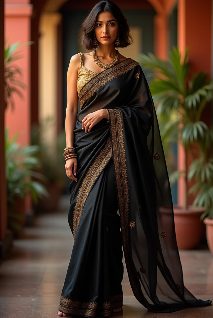 Indian female bob cut hair, expensive silk saree, full length body photograph, looking straight at the camera, big cute smile, sexy figure, golden blouse matching Black saree, wheatish complexion cute face, North Indian girl, looks like Kiara and Katrina, FULL BODY LENGTH PHOTO SHOWING FEET