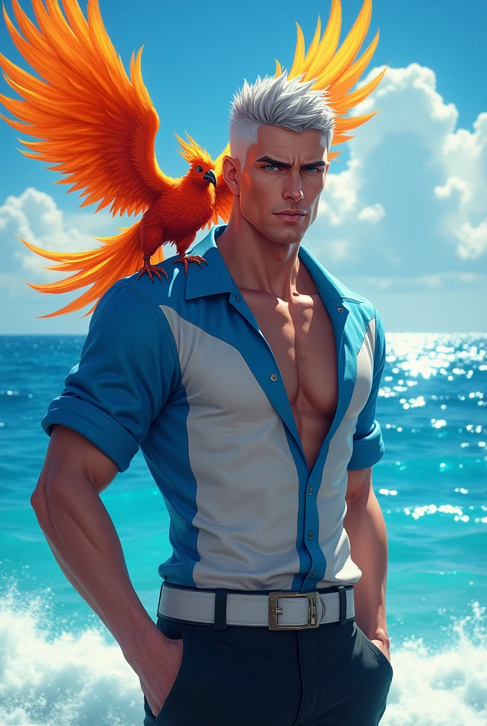 A man with short, gray, womanly hair, fair skin, white ray eyes, wearing a blue and white swim shirt, a phoenix in his hand facing forward, and black pants in the style of a Free Fire player.