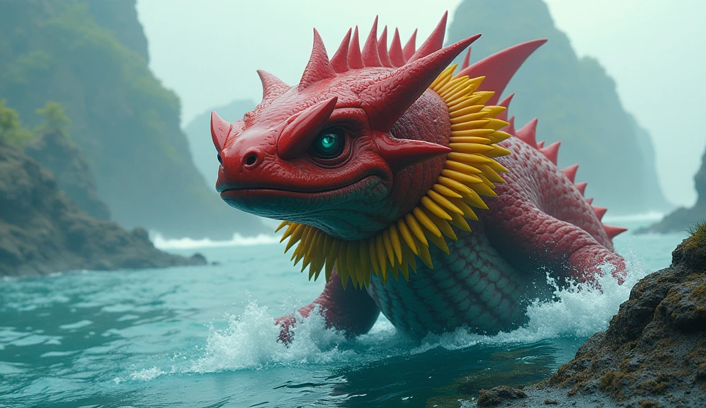 Kiribati as an oceanic League of Legend sea creature in carmine red with a yellow collar, the bottom is in stripped blue and white colors. Intricated clothing. Cinematic Fantasy sci-fi landscape background
