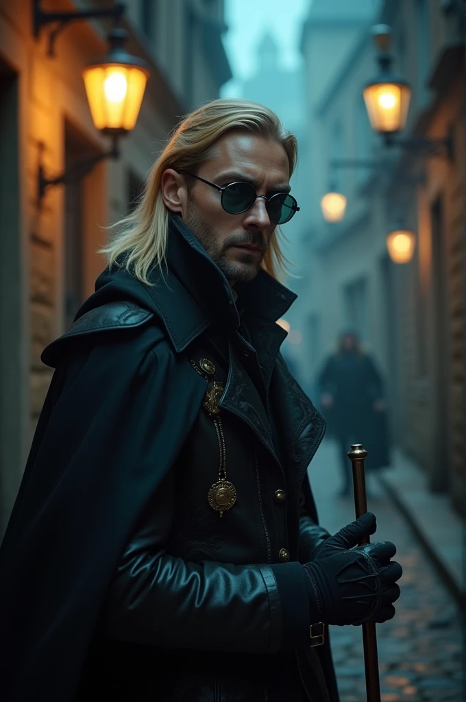 A hunter from the game bloodborne dressed with the hunter set and a top hat, he have a cane as a weapon, use dark round glasses, have long blonde hair up to the neck ,white skin color and goatee as facial hair