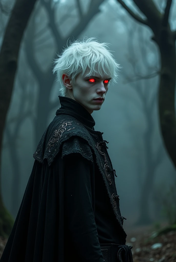 Profile of an albino demon, pale translucent skin, short platinum blonde hair, Red eyes, the sclera of your eye is black, is man, wear black clothes, Leave him dark 
