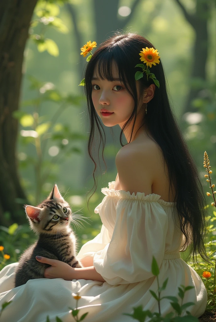 Young woman with black hair, long, straight and with bangs, con un hermoso vestido blanco y long de mangas largas con hombros descubiertos, elf ears and delicate little sunflowers adorning his hair, necklaces with quartz , sitting on the ground in a thick forest, delicate rays of sunlight enter between the trees, beside a gray kitten with black stripes and green eyes