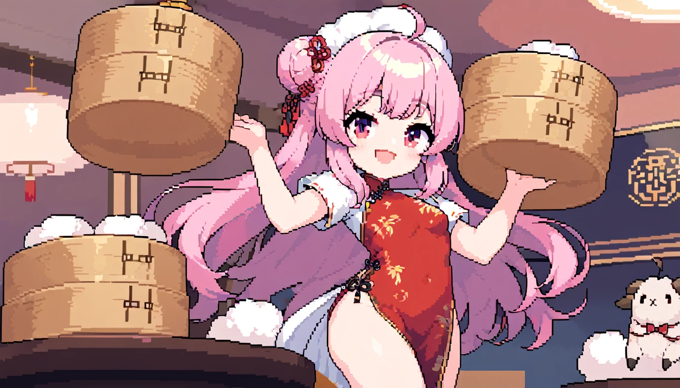 masterpiece, Highest quality, 8k, Pixel art, Pixel art, Vivid, ((1girl)), young woman, smile, cute, Turning at an angle, Open your mouth, Fluffy hair, Long Hair, Hair like sheep's hair, Pink Hair, eyebrow, 太いeyebrow, China dress, Chignon Cap, (Highest quality:1.0), (China Hotel), Holding a bamboo steamer in both hands, The sheep is on the steamer., Circular red rotating table