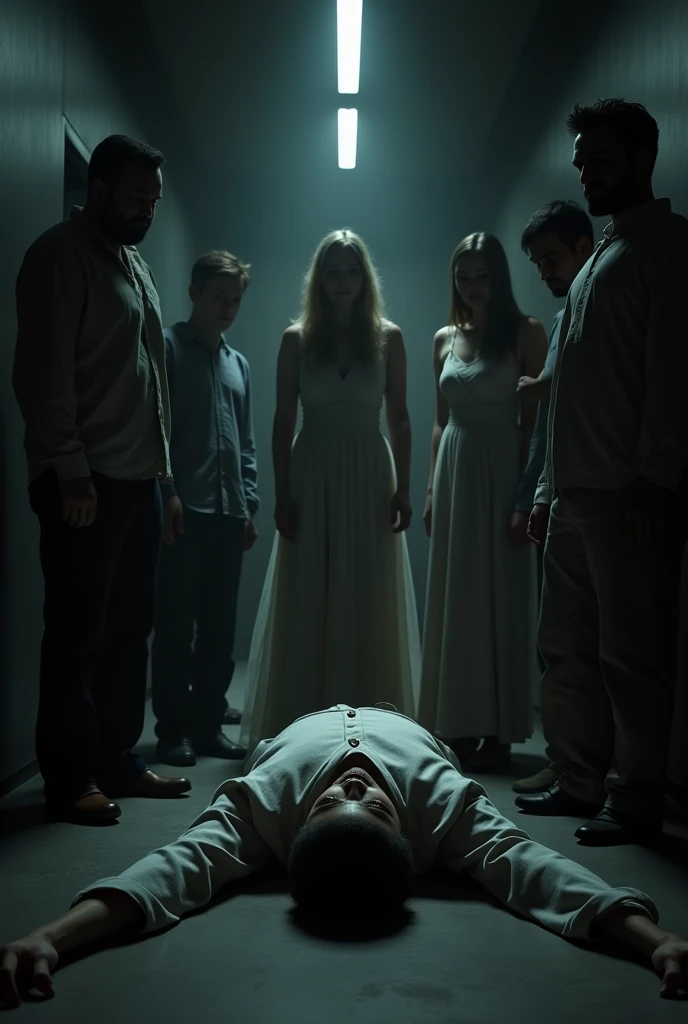 (photorealism:1.2 Dark corridor, light at the end. In the center are six people, !three women and three men! The dead body of a 50-year-old man is lying on the floor, only the head and a bit of the body are visible. It is important that there are 6 people in the middle and a dead man in the foreground. One of the girls must be wearing a dress. IMPORTANT: There are a total of 7 people in the composition, one dead body and 6 people standing over the dead body