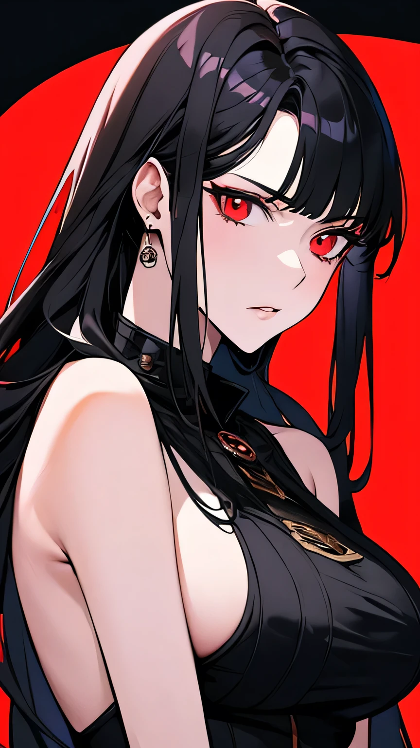 ((Highest quality)), Ultra-high resolution,Adult women, alone, sexy, (Stern face), (Red eyes), Beautiful and symmetrical face, (Black irregular long hair), Black coat,Black suit pants,A mercenary woman,Realistic:1.4,Realistic:1.4,night,(masterpiece:1.2),Perfect Eyes,Perfect Eyes,Curvy Body,Holding a gun