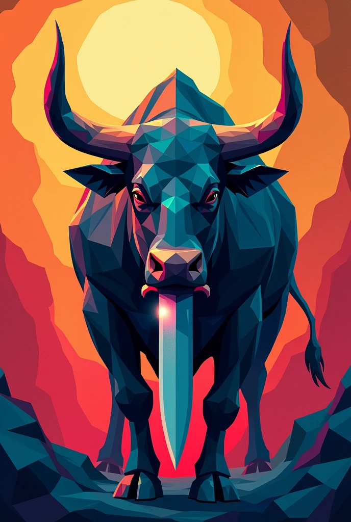 geometrical mascara of a bull with a knife in its mouth, overhead view