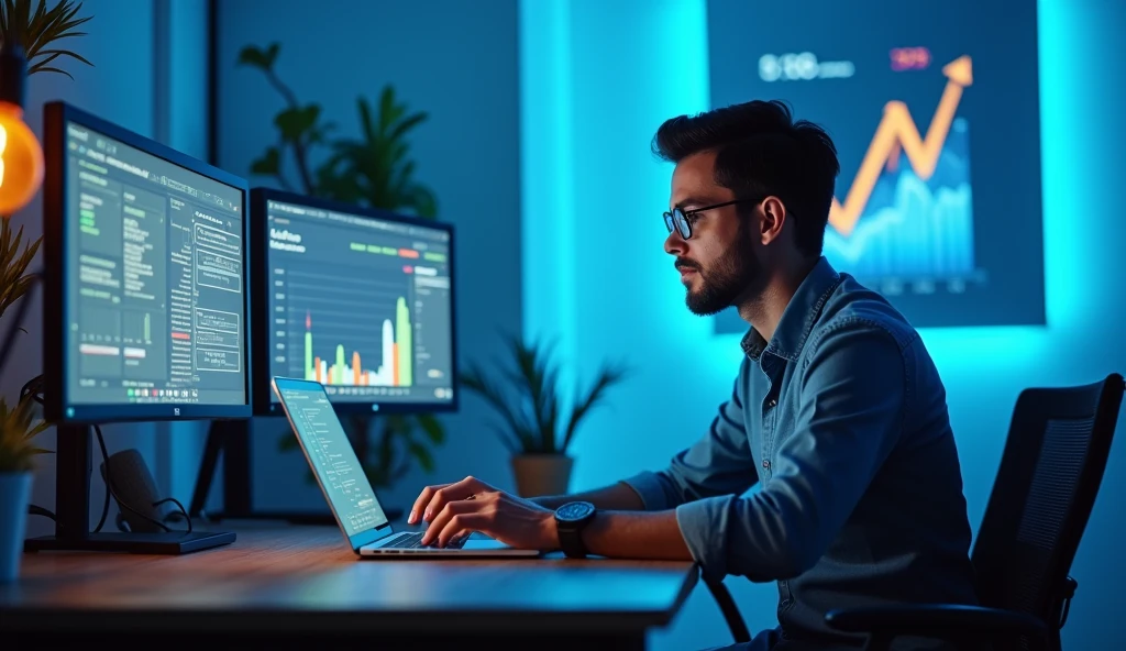 A modern entrepreneur working alone in a sleek, minimalist home office. The office is equipped with the latest technology: a high-end laptop, multiple monitors displaying charts and data, a smartphone, and a tablet. The entrepreneur is casually dressed, symbolizing a modern, flexible work environment. Surrounding the workspace are elements that signify growth and success, such as a dollar sign symbol in the background, a graph with an upward trend, and digital connections representing global reach. The color scheme is clean and professional, with shades of blue and white dominating the scene.
