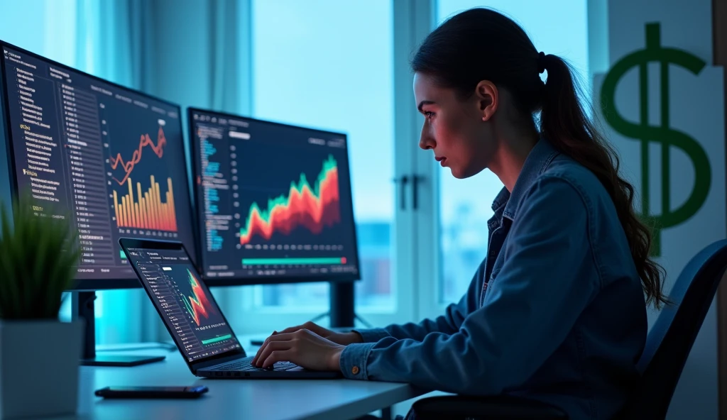 A modern entrepreneur working alone in a sleek, minimalist home office. The office is equipped with the latest technology: a high-end laptop, multiple monitors displaying charts and data, a smartphone, and a tablet. The entrepreneur is casually dressed, symbolizing a modern, flexible work environment. Surrounding the workspace are elements that signify growth and success, such as a dollar sign symbol in the background, a graph with an upward trend, and digital connections representing global reach. The color scheme is clean and professional, with shades of blue and white dominating the scene.
