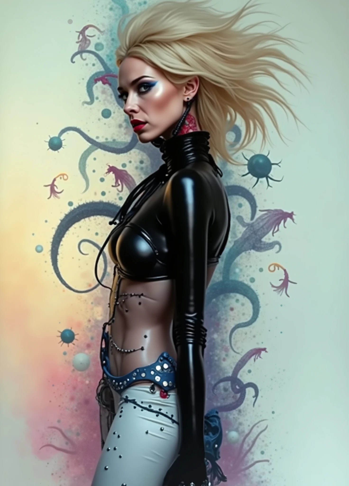a beautiful illustration of a very muscular vampire girl in an abstract marble texture with a tarot style frame, with colors of obsidian black, shiny gold, and ruby red, highly detailed, intricate design, BY Anne Bachelier,