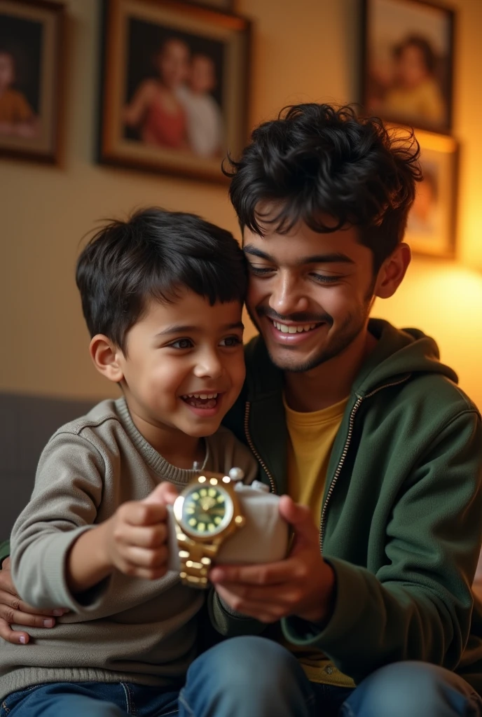 (photorealism:1.2), small sami brother give rolex watch to big Ahmed brother for gift big brother is happy and take pictuere with small brother