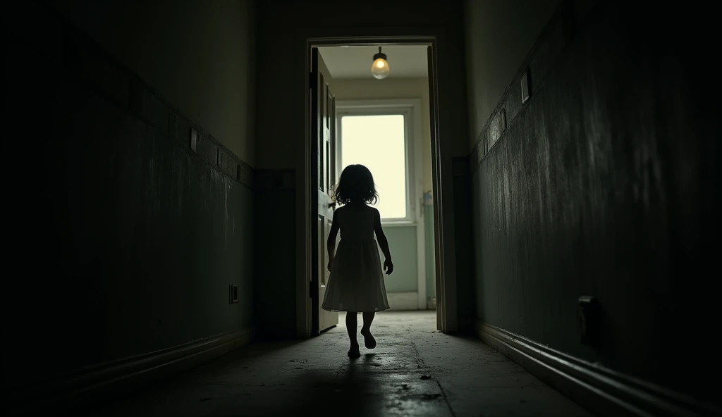 Character: Kittu, 4 years old, walking barefoot down a dark hallway, her face emotionless. She is moving toward the open door of an abandoned flat.
Background: The hallway is pitch black, with a single, dim bulb flickering above. The door to the abandoned flat is slightly ajar, with a faint, ominous light spilling out. The overall feeling is one of dread and anticipation.