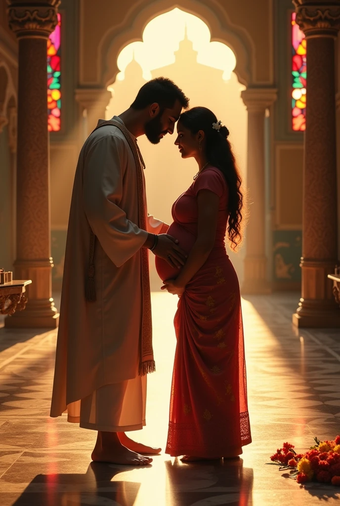 Muscular christian priest, kissing pregnant hindu women, in hindu temple