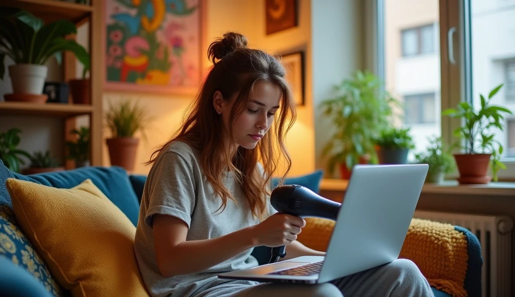 apartment, girl 25 years old, dries laptop with hair dryer
