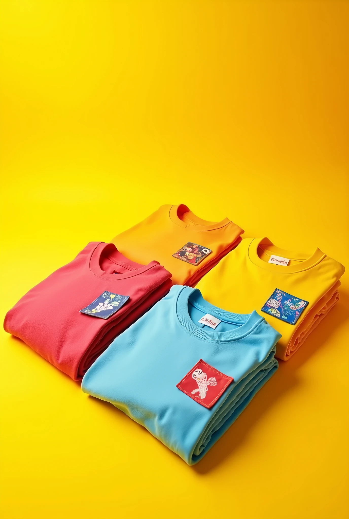Collection of folded 3 tshirts mockup on warm yellow background landscape with bigger empty space