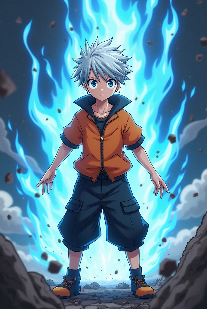 1 teenage boy, short white hair and blue eyes solo, boy, cute and stylish orange outfit, Fairy Tail anime style art, epic fight scene, with the character with blue fire powers, preparing to fight, fight background