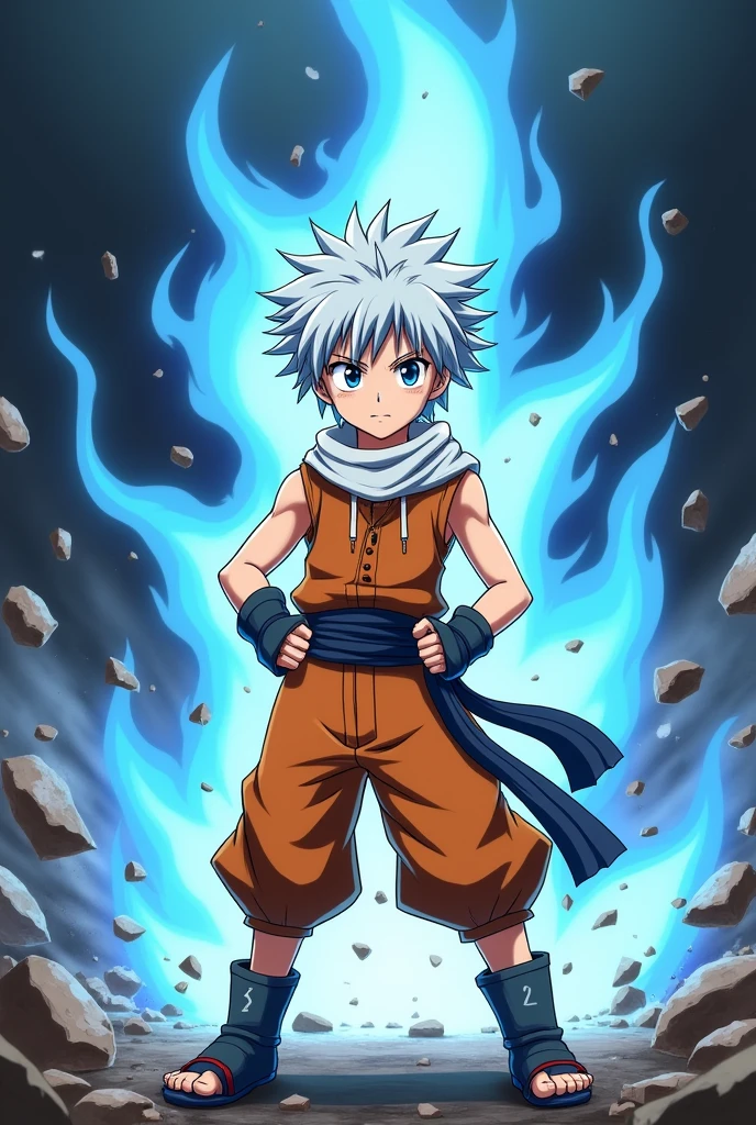 1 teenage boy, short white hair and blue eyes solo, boy, cute and stylish orange outfit, Fairy Tail anime style art, epic fight scene, with the character with blue fire powers, preparing to fight, fight background
