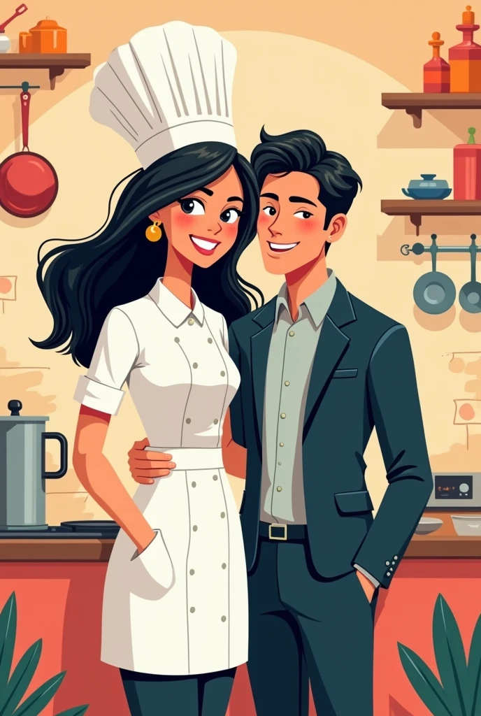 Aesthetic cartoon background for sharing, a brunette female chef with black hair and a businessman couple, WhatsApp profile picture.