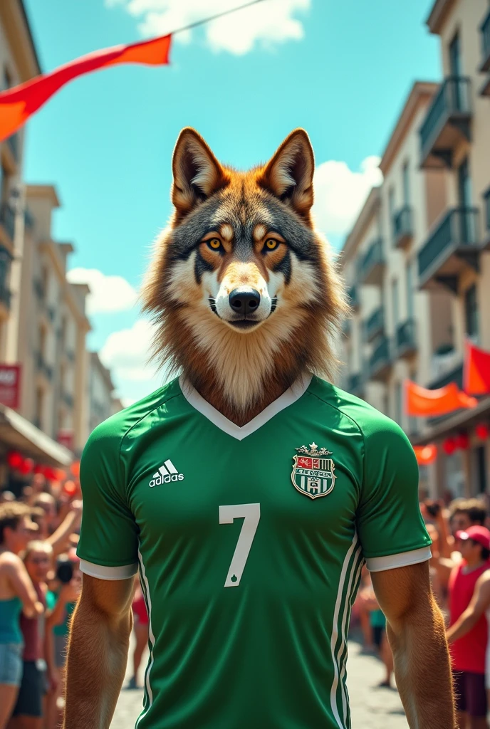 A strong maned wolf wearing a green and white football shirt