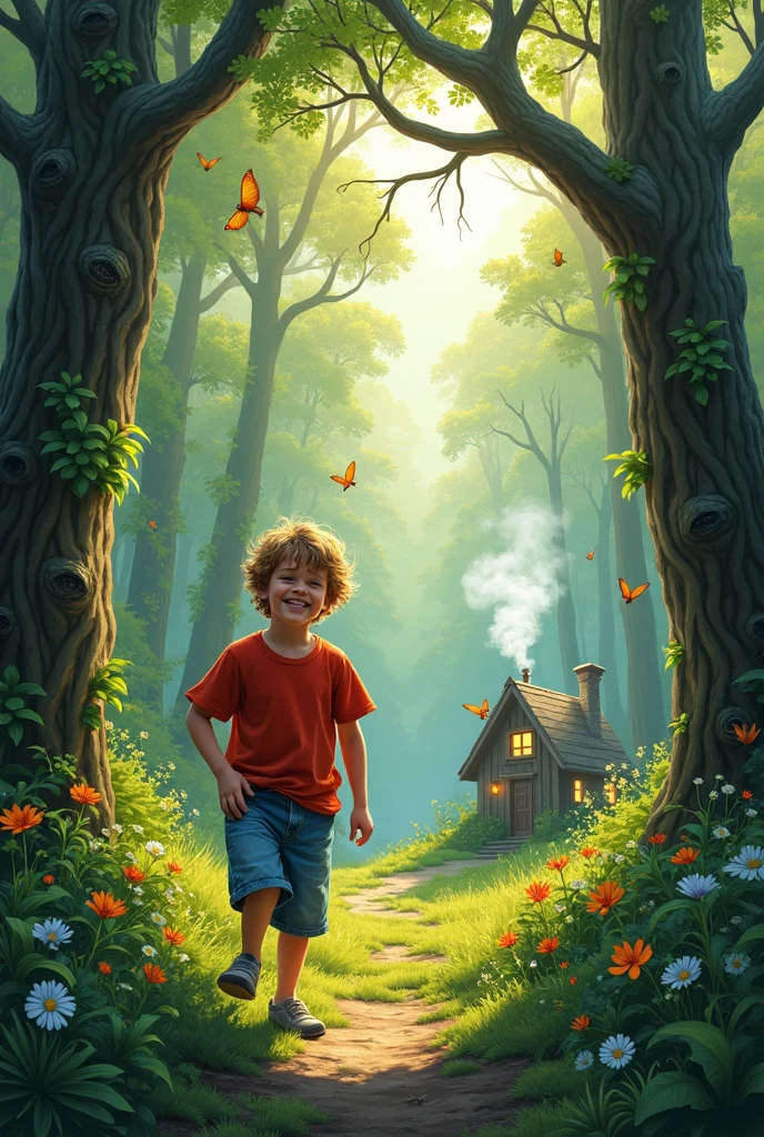 Create an image of him playing in a large forest in front of his house.