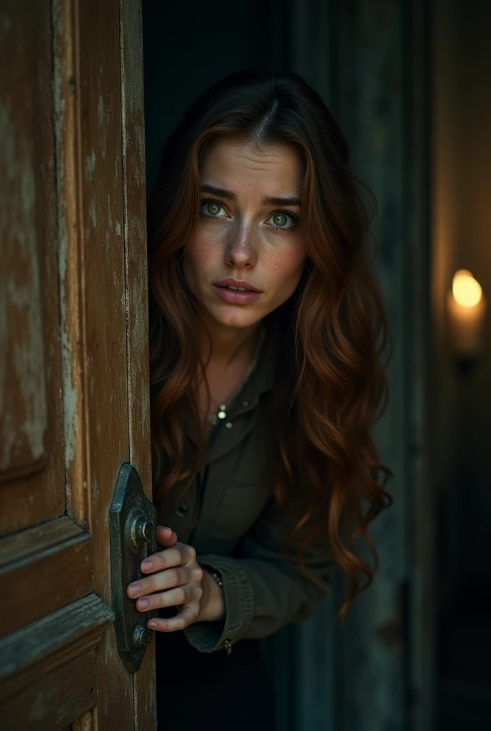 Image of a door creaking open with a startled woman looking towards it