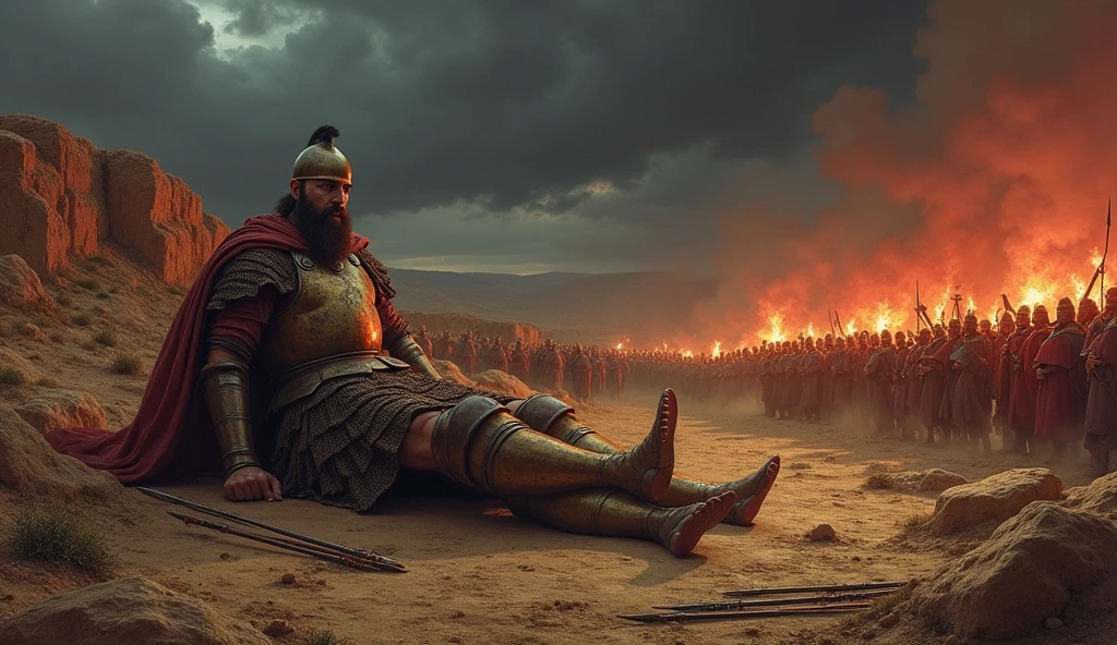 war between Israel and the Philistines, nos tempos biblicos, with dark clouds, and tension, fallen Goliath warrior