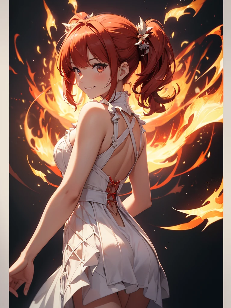 (((best quality, sharp image, clear image, cinematic lighting, 8k resolution, masterpiece, ultra detailed, intricate))) Girl, (((looking over left shoulder))), (shot from behind), ((shot from hip up)), fiery red hair, pigtails, ((white dress)), ((flaming sigils, flaming runes)), spiky rock formations, (flaming lotus flowers frame), (intricate background), ((Phoenix)), (swirling flames), smiling
