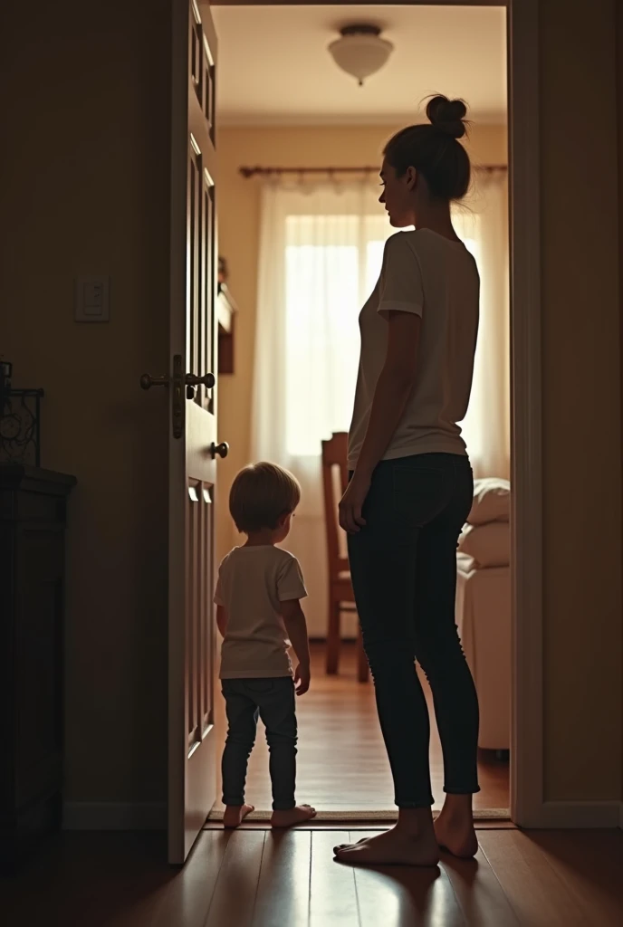 Mom and son, realistic, 4k, high quality, son hugging mom from behind, standing in a room with white walls, mom looking at the camera