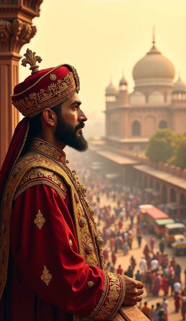 A majestic portrait of Emperor Akbar looking over a modern cityscape from a historical monument, as if watching over the people. The city below should show people of different faiths living and working together in harmony, symbolizing Akbar's enduring legacy. The sky above could have a soft golden hue, representing the inspiration drawn from his vision.