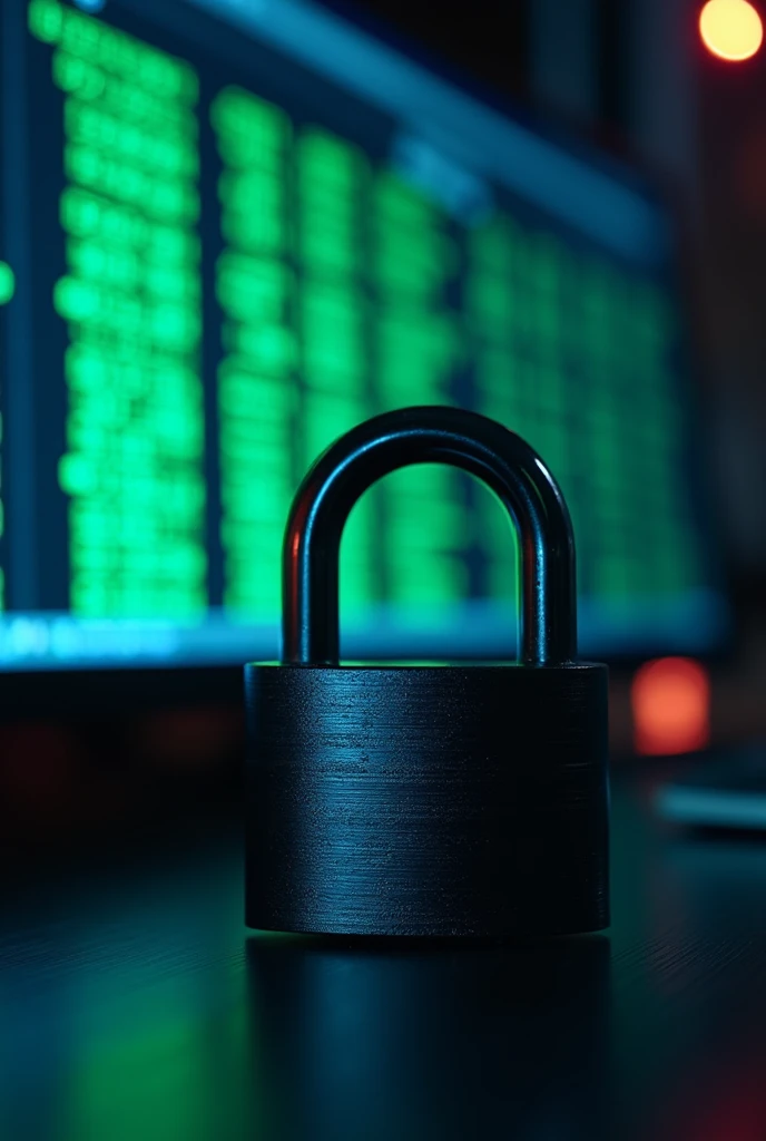 Create a highly realistic 4K image with predominant blue and black tones. Focus on a real-world scene featuring a digital lock, binary code on a screen. Use vivid highlights to emphasize the cybersecurity threat and create a sense of urgency and high stakes.